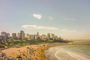 Aerial view of crowded beach in the city of Mar del Plata, the most famous watering place in the atlantic coast of Argentina, south america.